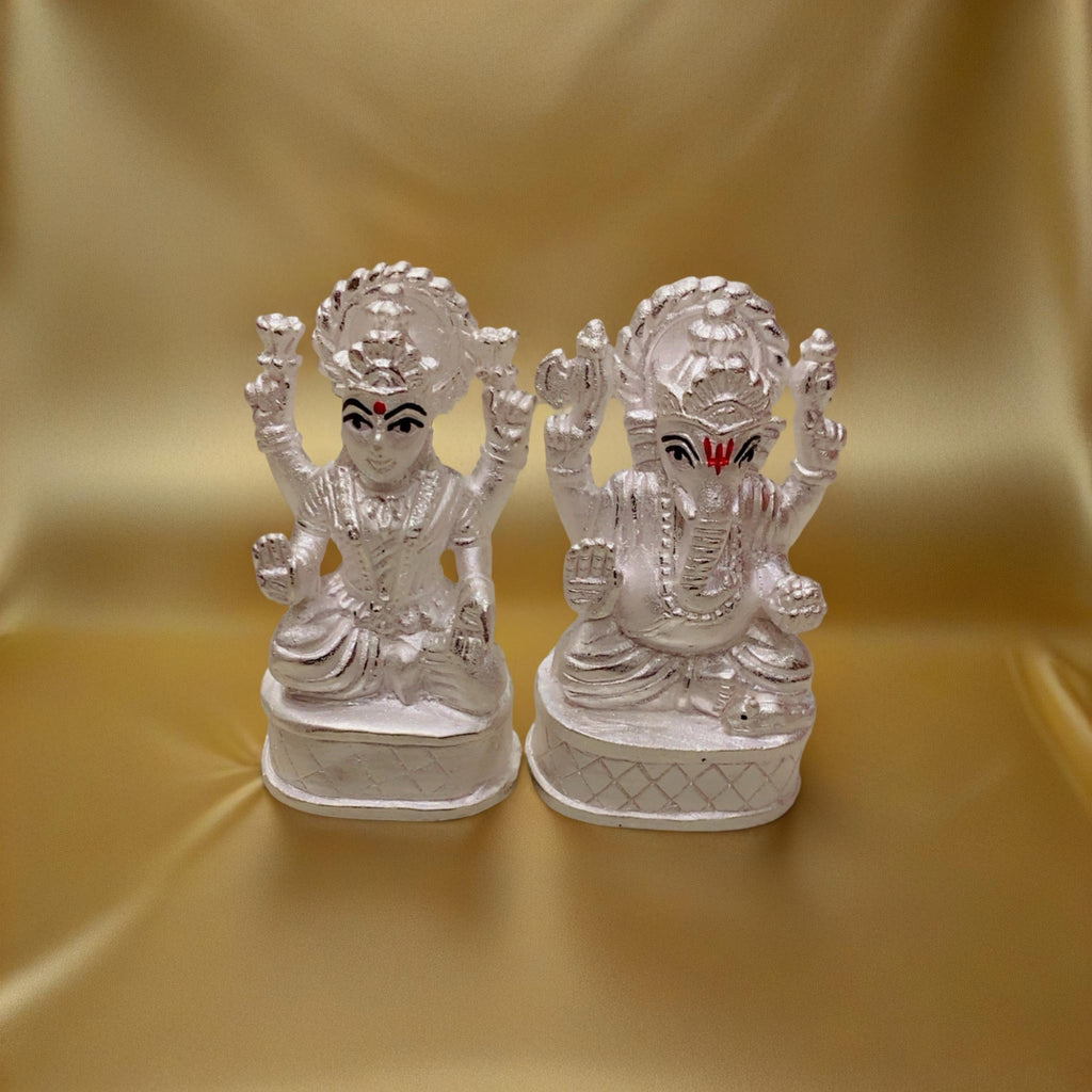 Pure 925 Chandi Lakshmi Ganesh Idol - Plain Silver Mirror Finish