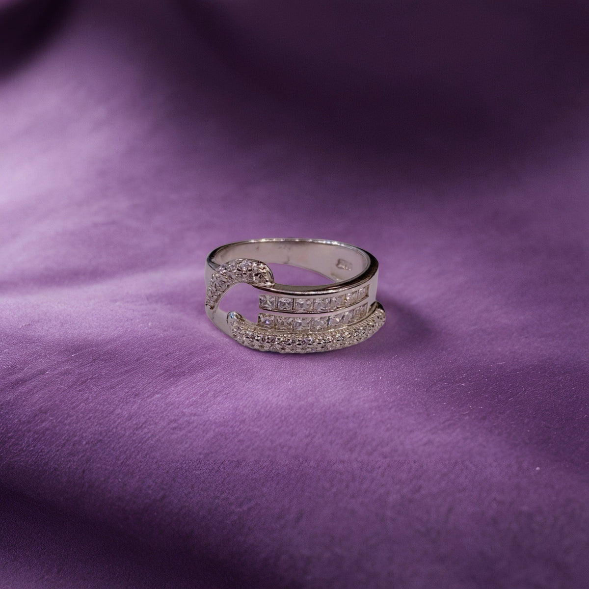 Sterling Silver 925 Double Row Bypass Diamond Look Ring