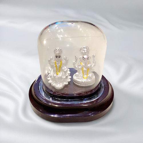 999 Silver Lakshmi Ganesh Idol Set in Glass Dome with Wooden Base - For Diwali, Pooja & Corporate Gifting