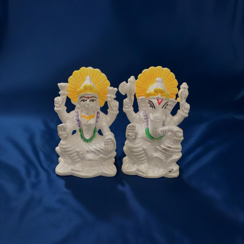 Pure 925 Silver Lakshmi Ganesh Murti Set with Yellow Mukut - Hallmarked Chandi Idol for Diwali Pooja