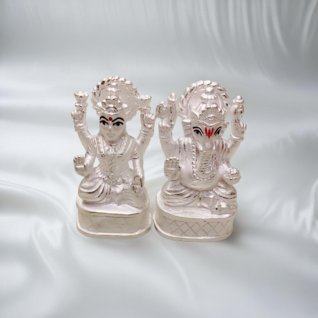 Pure 925 Chandi Lakshmi Ganesh Idol - Plain Silver Mirror Finish