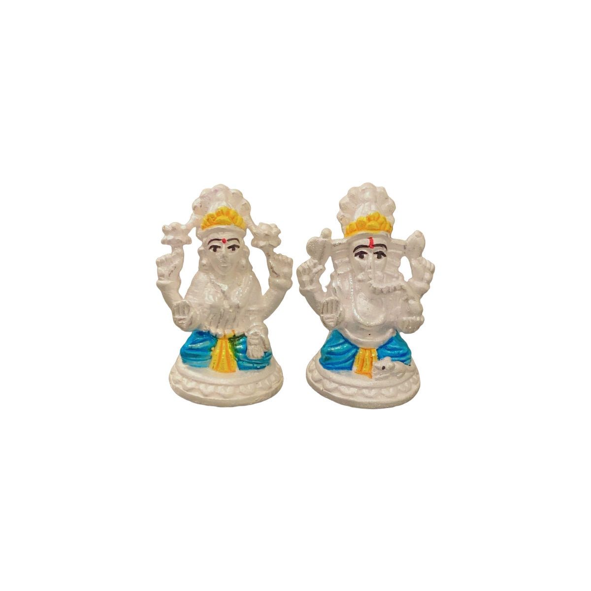 Pure 925 Silver Lakshmi Ganesh Murti - Blue Dhoti Yellow Mukut Design - Hallmarked Chandi Idol Set for Diwali Pooja