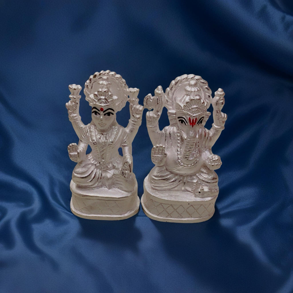Pure 925 Chandi Lakshmi Ganesh Idol - Plain Silver Mirror Finish