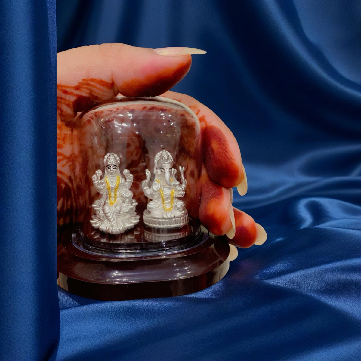 999 Silver Lakshmi Ganesh Idol Set in Glass Dome with Wooden Base - For Diwali, Pooja & Corporate Gifting