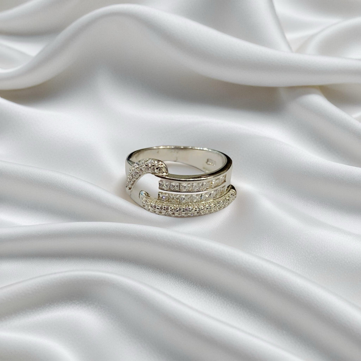 Sterling Silver 925 Double Row Bypass Diamond Look Ring