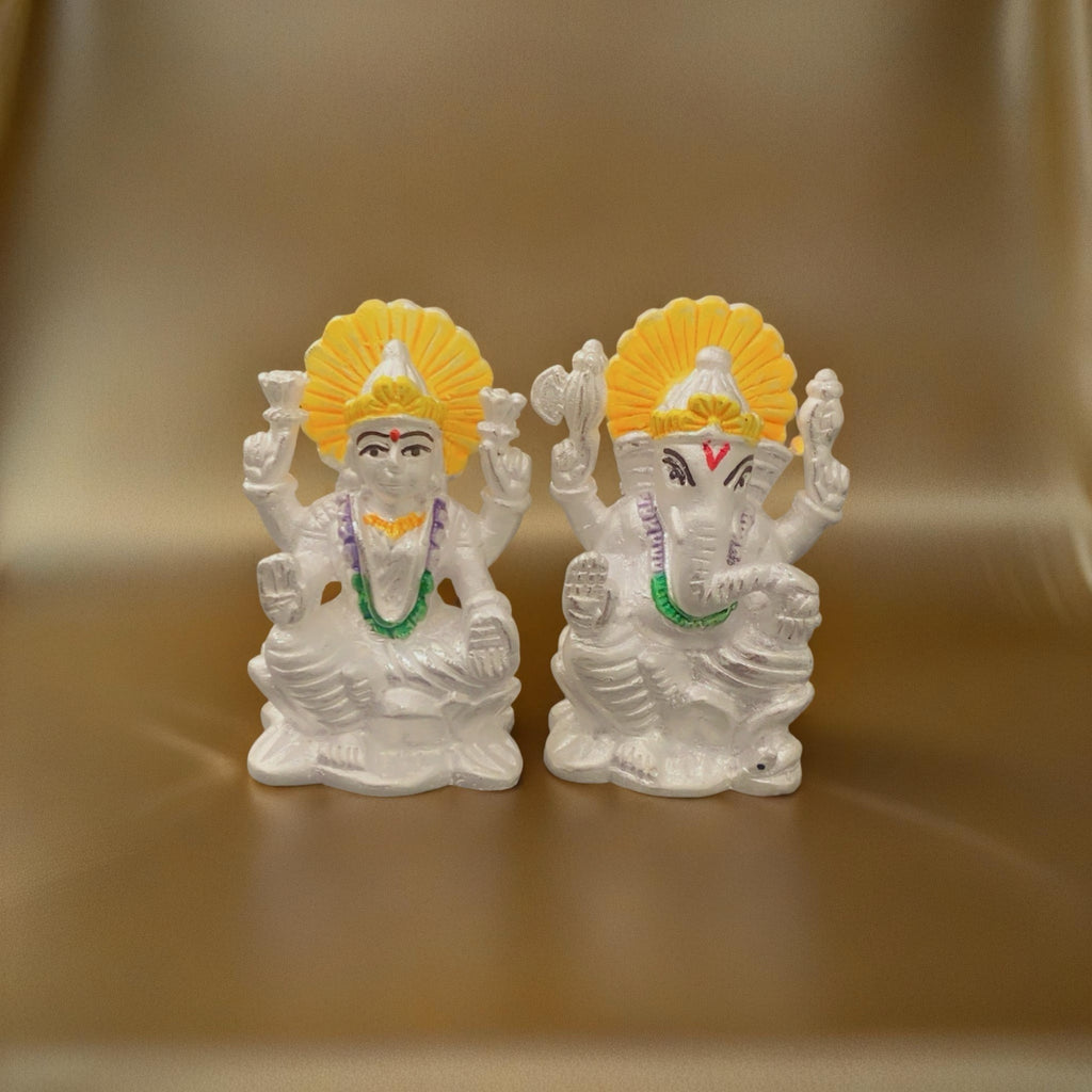Pure 925 Silver Lakshmi Ganesh Murti Set with Yellow Mukut - Hallmarked Chandi Idol for Diwali Pooja