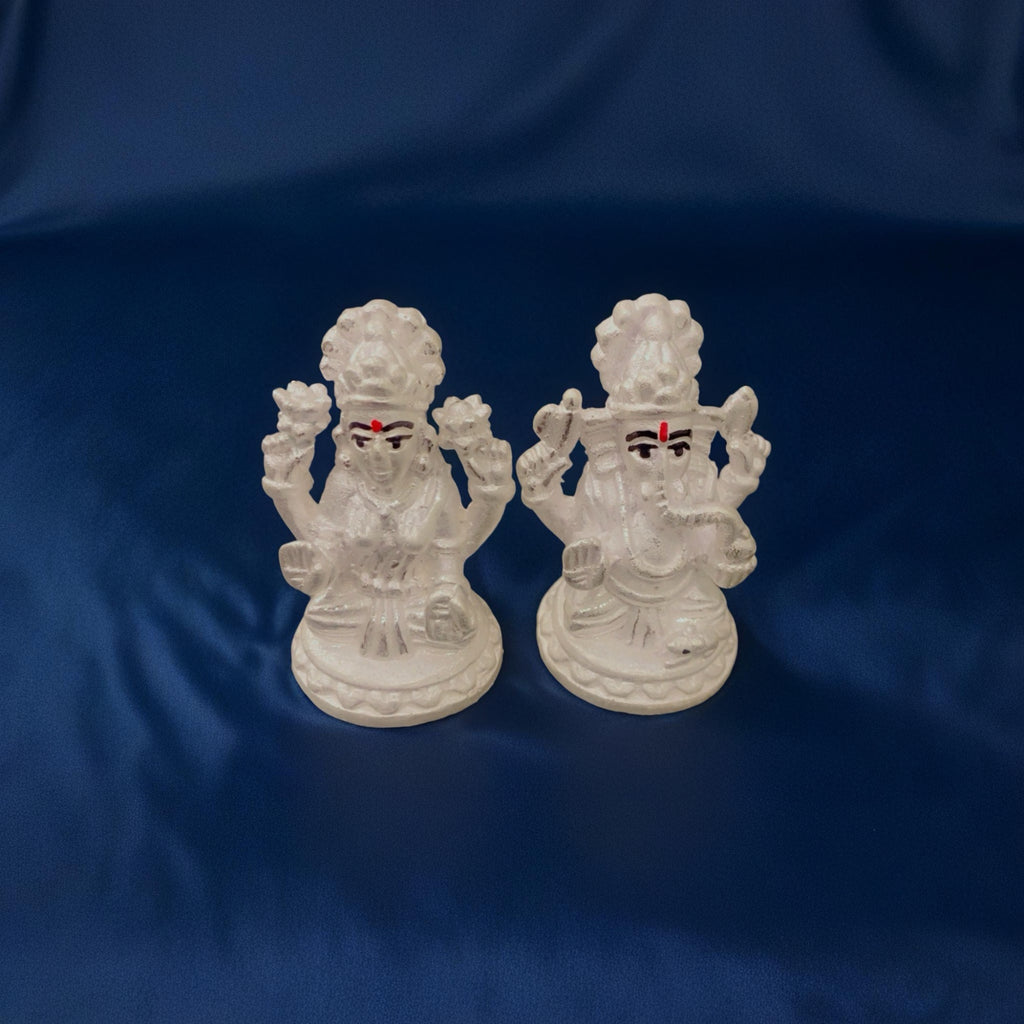 925 Chandi Lakshmi Ganesh Idol - Plain Silver Lotus Base