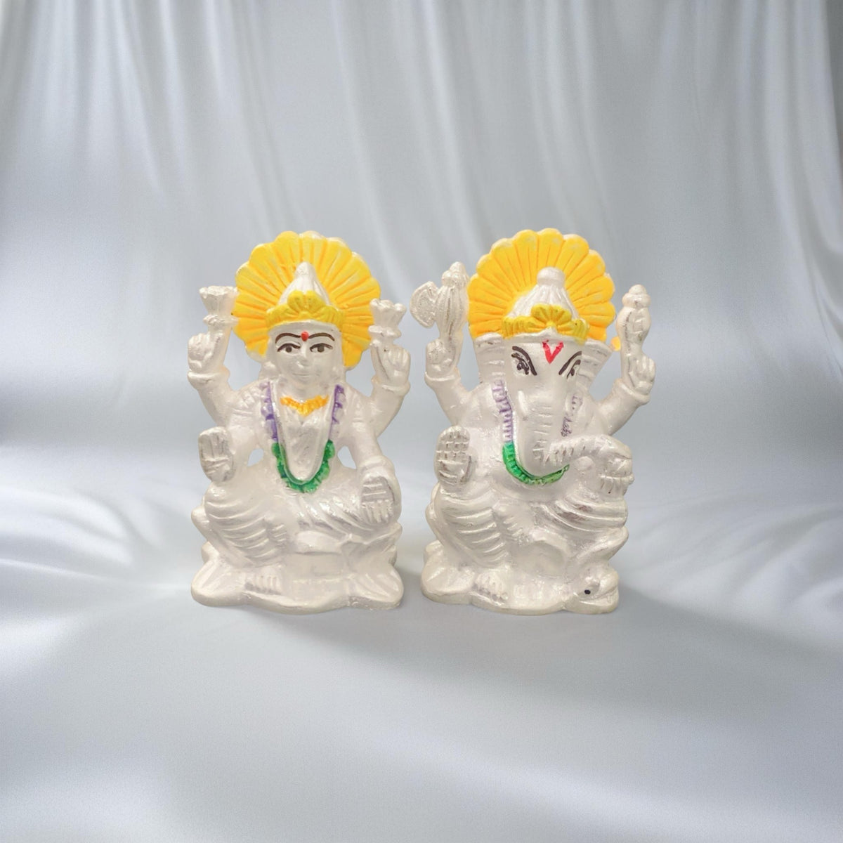 Pure 925 Silver Lakshmi Ganesh Murti Set with Yellow Mukut - Hallmarked Chandi Idol for Diwali Pooja