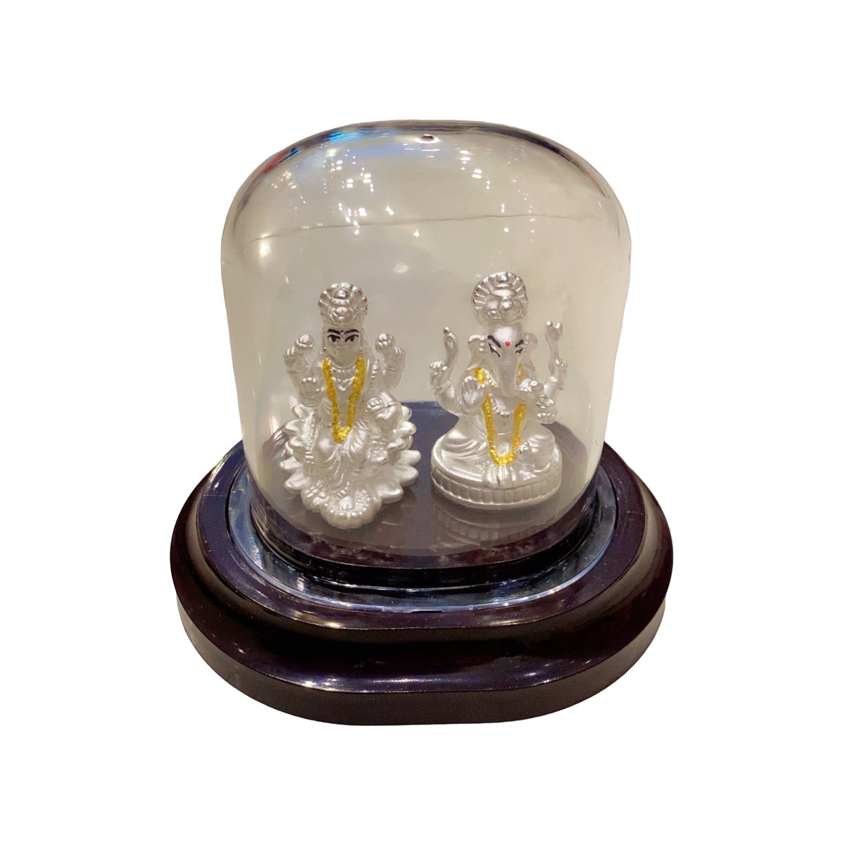 999 Silver Lakshmi Ganesh Idol Set in Glass Dome with Wooden Base - For Diwali, Pooja & Corporate Gifting