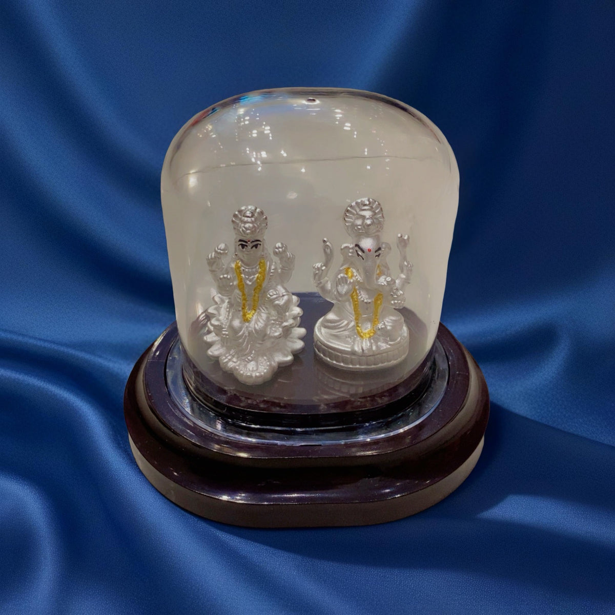999 Silver Lakshmi Ganesh Idol Set in Glass Dome with Wooden Base - For Diwali, Pooja & Corporate Gifting