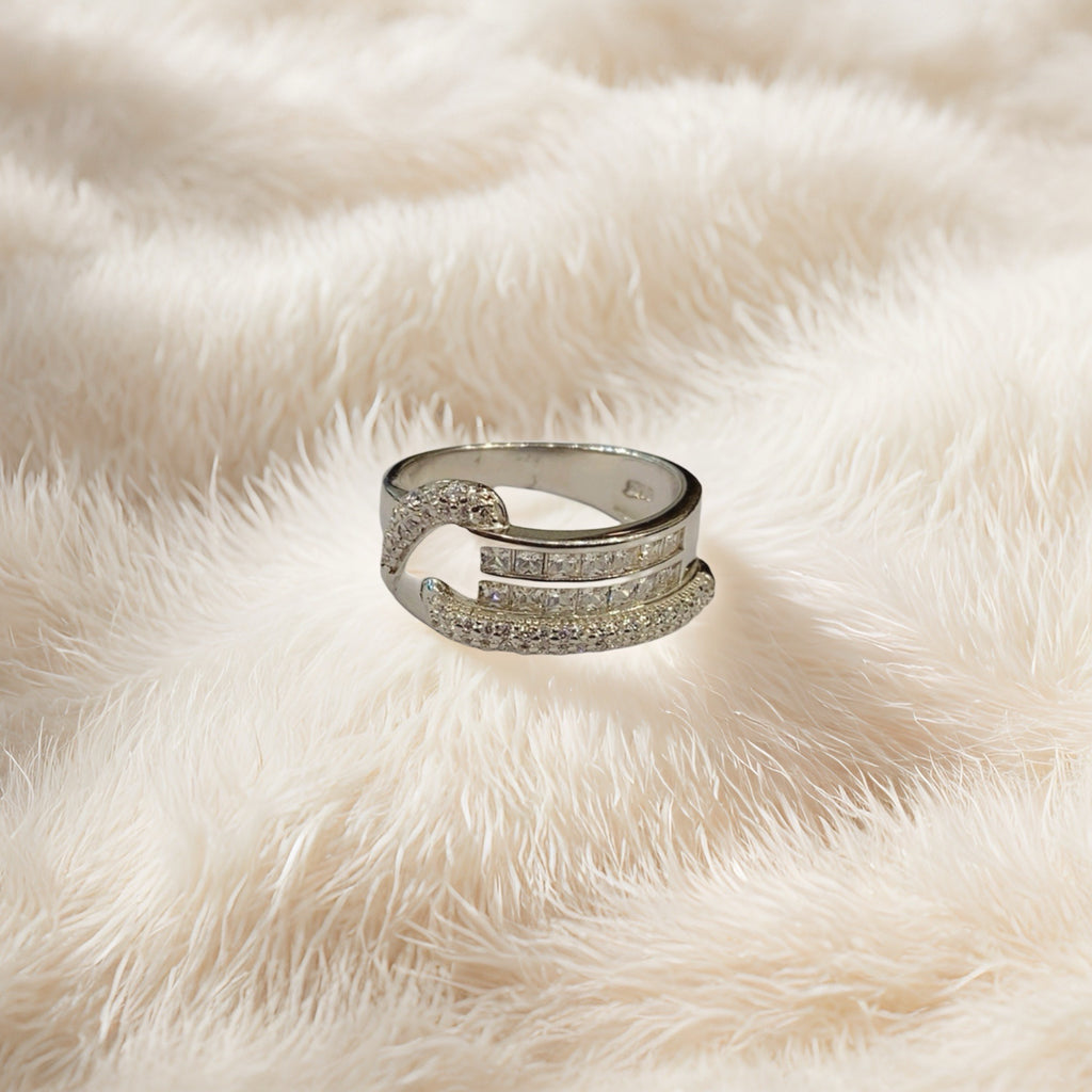 Sterling Silver 925 Double Row Bypass Diamond Look Ring