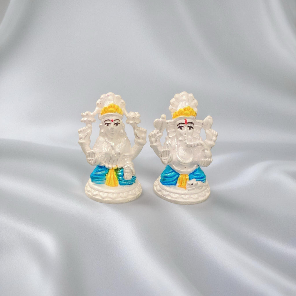 Pure 925 Silver Lakshmi Ganesh Murti - Blue Dhoti Yellow Mukut Design - Hallmarked Chandi Idol Set for Diwali Pooja