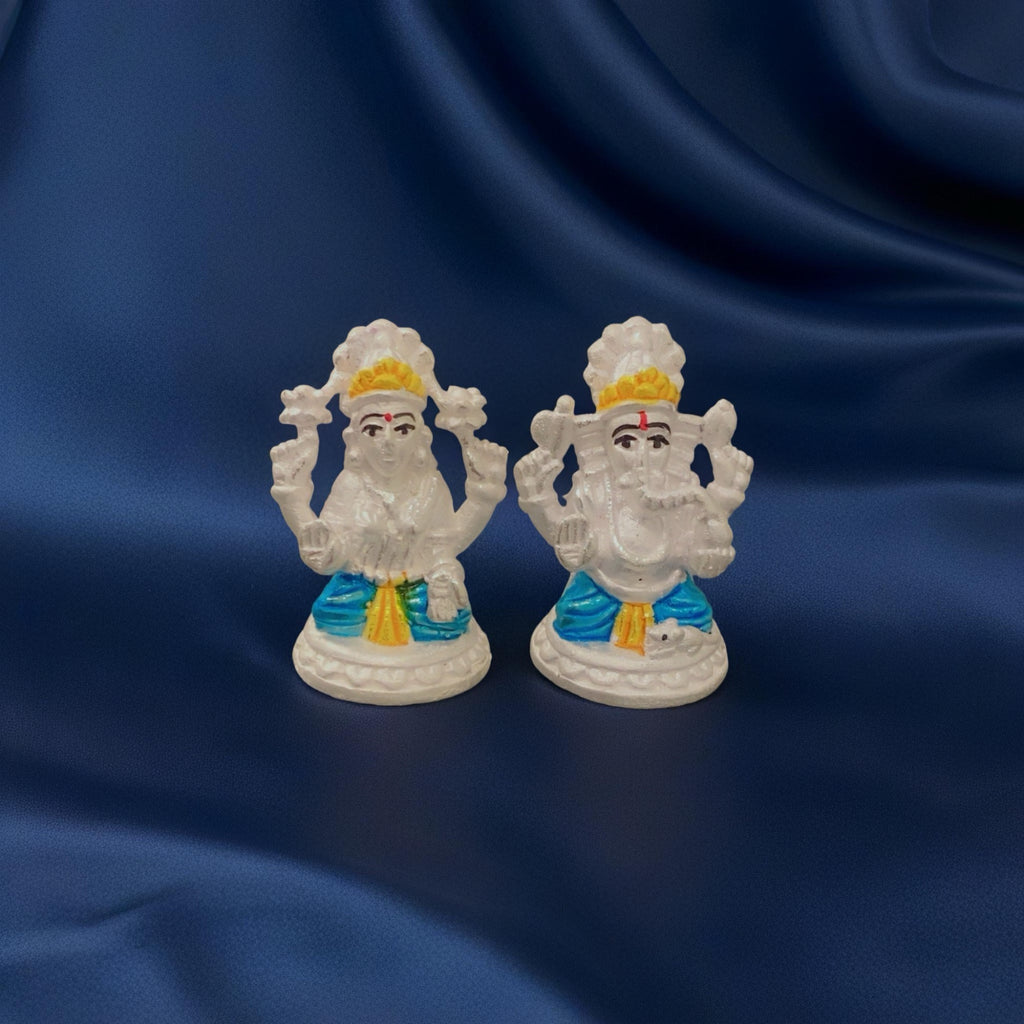 Pure 925 Silver Lakshmi Ganesh Murti - Blue Dhoti Yellow Mukut Design - Hallmarked Chandi Idol Set for Diwali Pooja