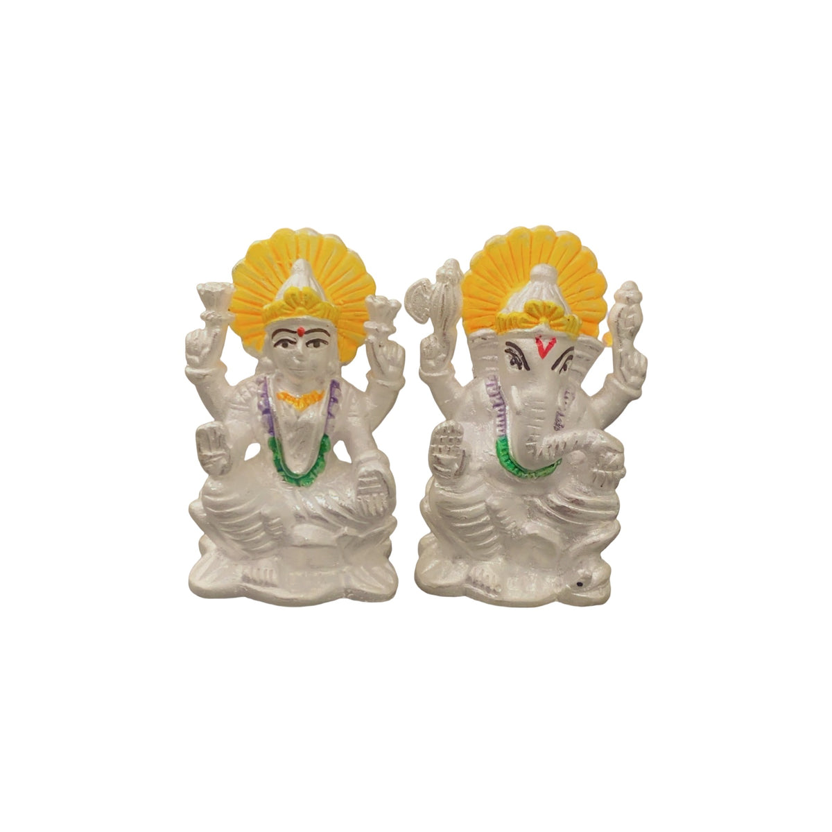 Pure 925 Silver Lakshmi Ganesh Murti Set with Yellow Mukut - Hallmarked Chandi Idol for Diwali Pooja